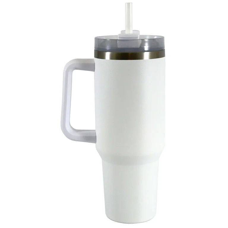 Mainstays 40 oz Stainless Steel Tumbler with Straw and Handle, Double Wall Insulated, White | Walmart (US)