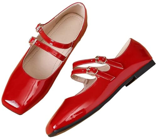 Stunner Women's Red Mary Jane Flats Retro Square Toe Soft Ballet Flats Comfort Double Line Strap Wedding Flats Red 40(8) | Amazon (US)