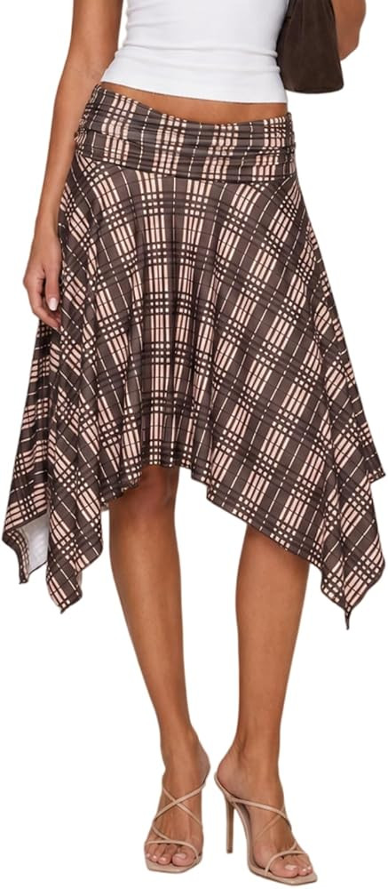 Asymmetrical Skirt Handkerchief Flare Checkered - Gingham Summer Casual Plaid Midi Skirts Ruched ... | Amazon (US)
