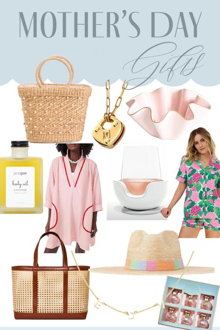 Last min mother’s day gifts ! Preppy swim coverup , hydrangea pajamas, wavy pottery bowl , seagrass and pearl bucket tote, lavender body oil , beach hat, pool wine glass , custom mother jewelry 