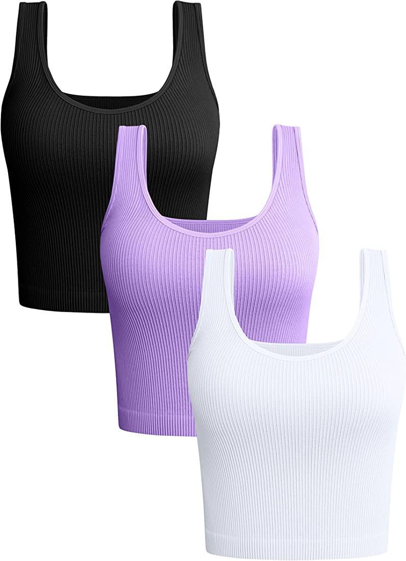 OQQ Women's 3 Piece Tank Tops Ribbed Seamless Workout Exercise Shirts Yoga Sleeveless Crop Tops | Amazon (US)