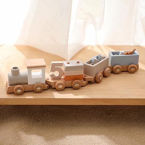 Wooden Train Toys for Babies with Numbers and 4 Train Carriage Toys, Preschool Toys for Toddlers. | Amazon (US)