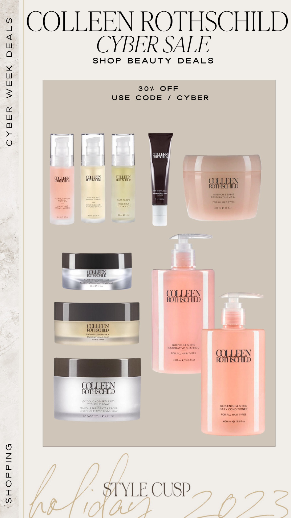 Colleen Rothschild - entire site 30% off with code CYBER

Beauty sale, hair product sale, skincare sale, gift for her 

#LTKCyberWeek #LTKbeauty #LTKsalealert