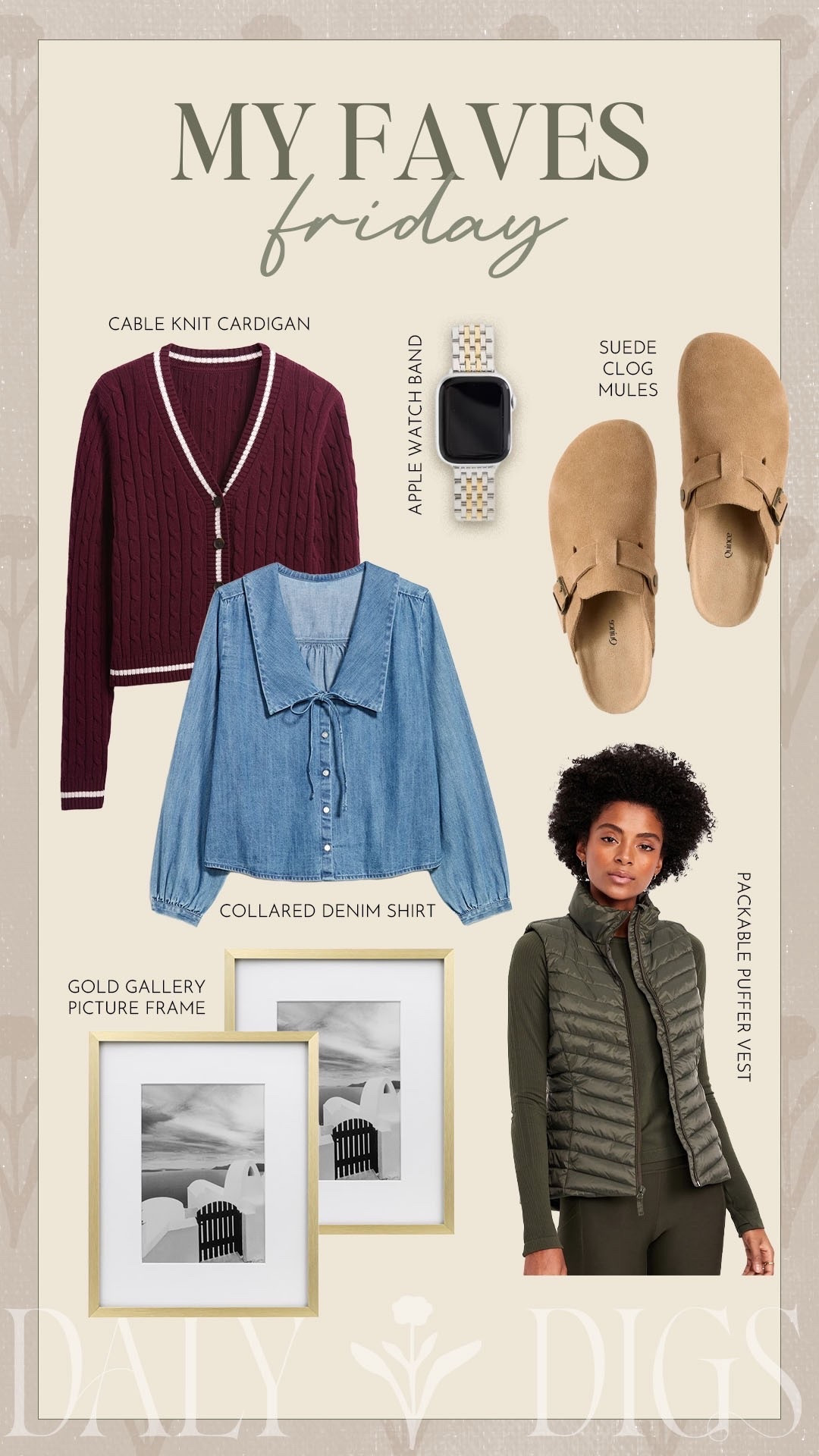 Favorites from last week the cutest denim top, burgundy sweater, camel colored clogs, new two-toned Apple Watch band, a green puffer vest and my favorite budget-friendly gallery matted frames.