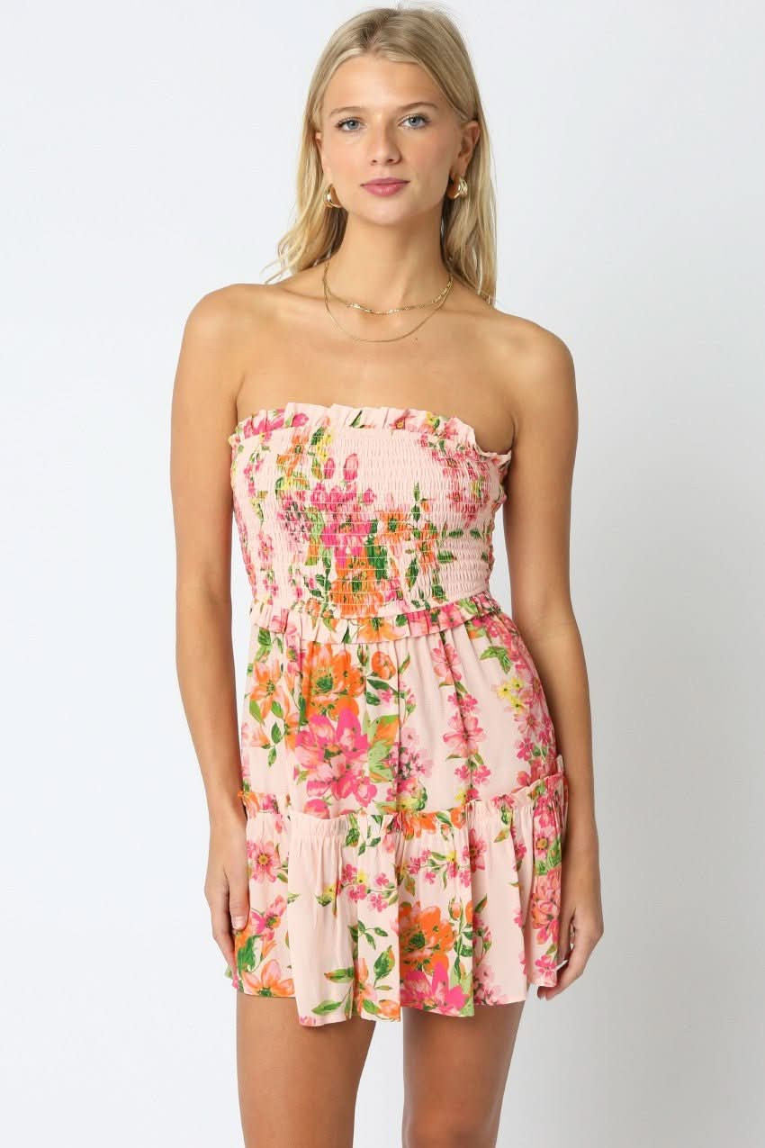 Fresia Pink Floral Strapless Dress L | Boho Pink