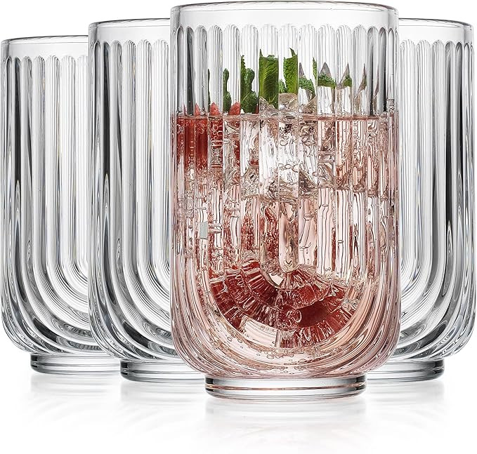 Glaver's Drinking Glasses Set of 4. 17oz Vintage Ripple Cocktail Glasses, Ribbed Highball Glass C... | Amazon (US)