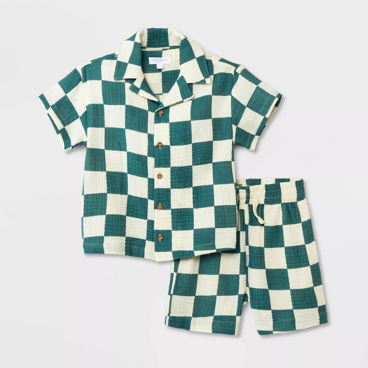 Grayson Mini Toddler Boys' Short Sleeve Checkered Button-Down Shorts Set - Green 2T | Target