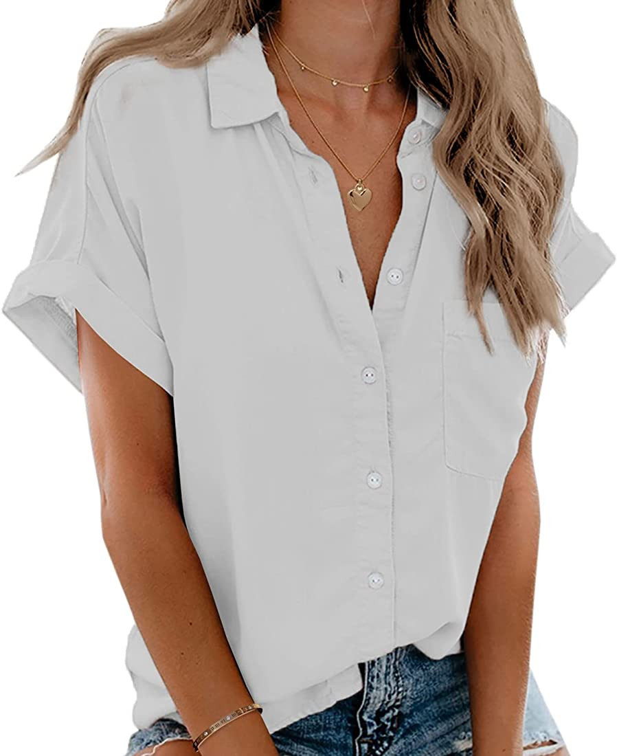 Beautife Womens Short Sleeve Shirts V Neck Collared Button Down Shirt Tops with Pockets | Amazon (US)