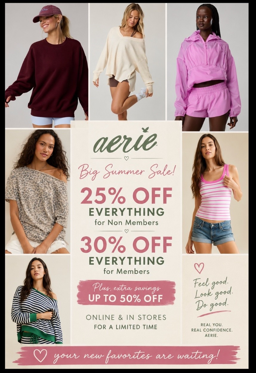 The Aerie Big Summer Sale is HERE! ☀️🩷 Save 25% OFF everything as a non-member or 30% OFF everything as a member. Plus, you'll find select styles up to 50% OFF! Now is the perfect time to grab your favorites before they're gone. 🛍️💕 #aerie

#LTKOver40 #LTKSaleAlert #LTKootd