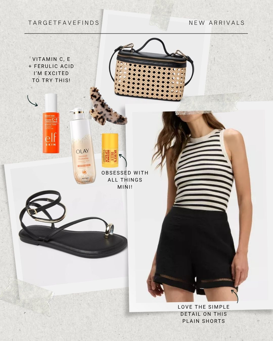 easy summer outfit from target, new elf vitamin c, e + ferulic acid serum, mini burt's bees lip balm, new olay body wash, minimal wrap sandals, the hair edit tortoise hair clip, striped high-neck tank top, ladder hemmed detail pull on shorts, caned vanity crossbody bag, target favefinds, targetstyle 

 #LTKOver40 #LTKFindsUnder50 #LTKStyleTip