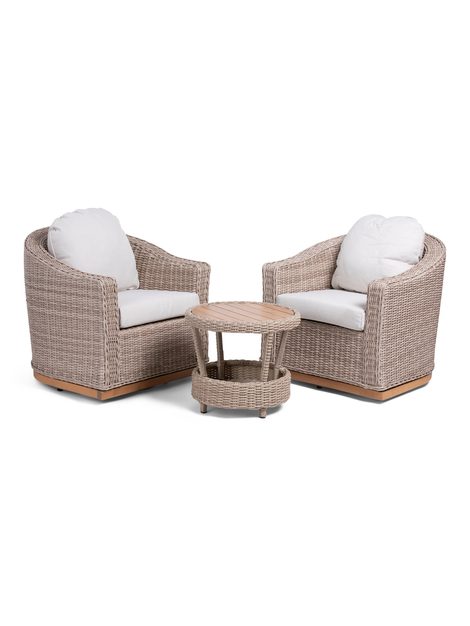 3pc Outdoor Wicker And Acacia Wood Swivel Chair And Table Set | TJ Maxx