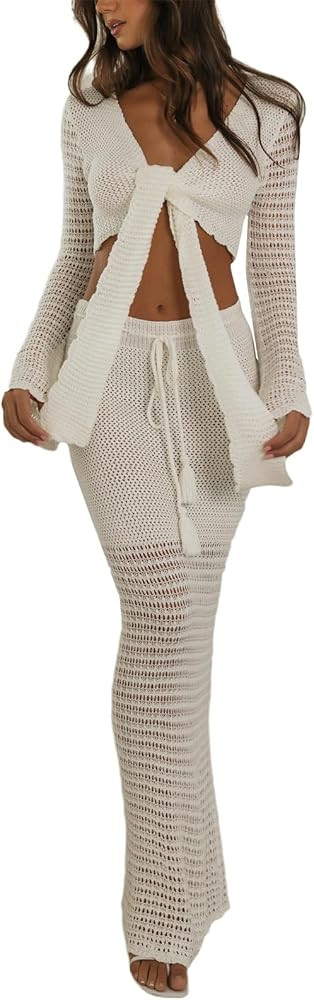 Yuemengxuan Women Two Piece Knitted Skirts Set Crochet Crop Top Tank Top Hollow out Shirt High Wa... | Amazon (US)