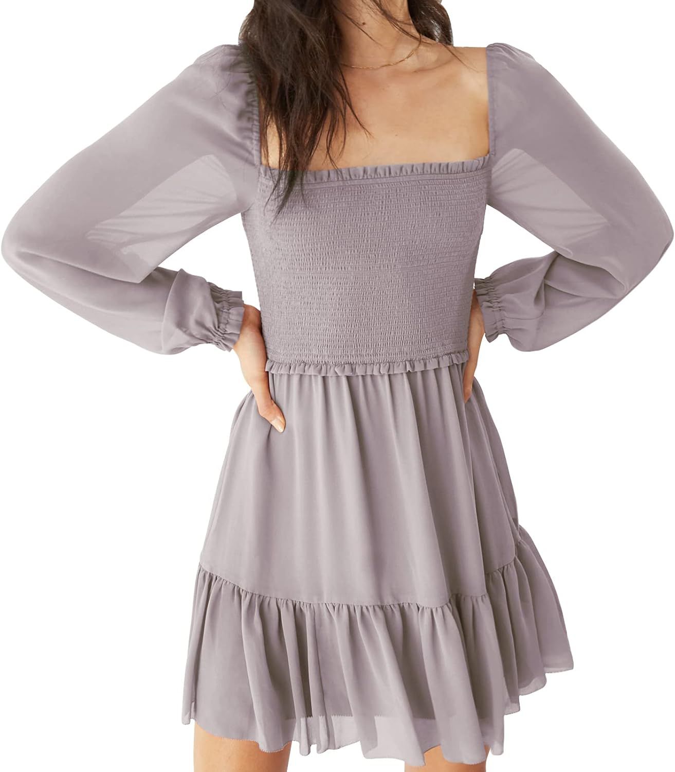 EXLURA Women's Tiered Chiffon Ruffle Dress Long Lantern Sleeve Tulle Square Neck Smocked Short Dr... | Amazon (US)