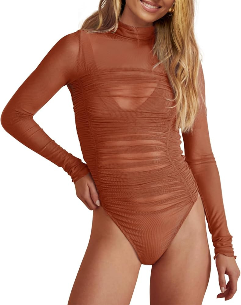 MEROKEETY Women's Sheer Ruched Mesh Turtleneck Bodysuit Long Sleeve Body Suit Slim Snap Crotch To... | Amazon (US)