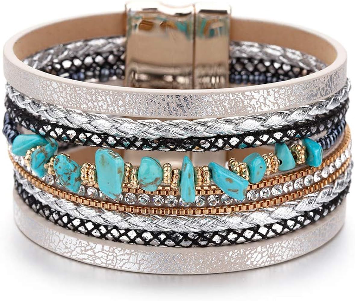 Fesciory Leather Wrap Bracelet for Women, Leopard Multi-Layer Magnetic Buckle Cuff Bracelet Jewelry | Amazon (US)
