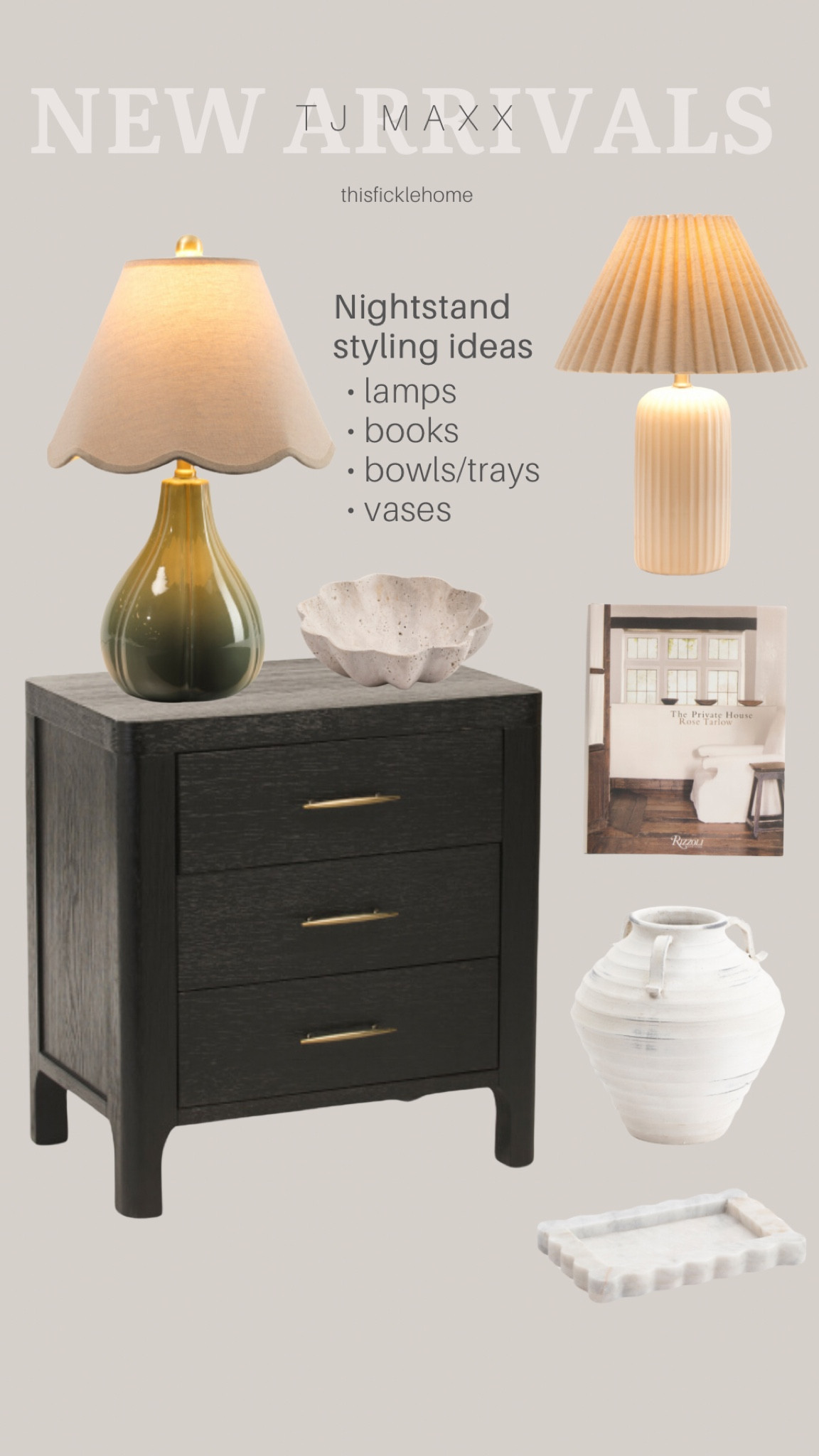 New home decor arrival from TJ Maxx. Affordable home finds. Nightstand styling.

Fluted lamp. Ceramic vase. 3 drawer nightstand. Coffee table book. Fluted marble tray. Travertine fluted bowl.

#LTKSaleAlert #LTKHome