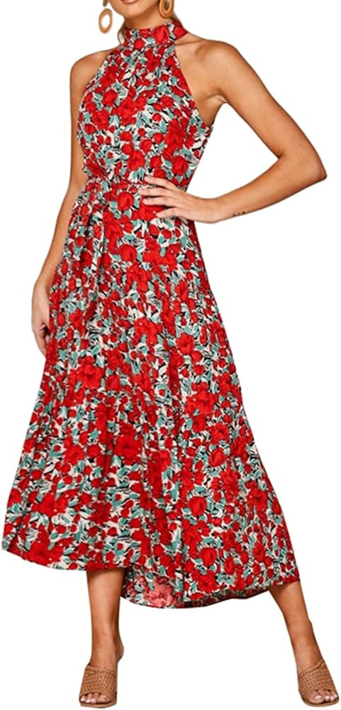 Women's Polka Dot Halter Neck Sleeveless Tie Waist Tiered Flowy Long Dress | Amazon (US)