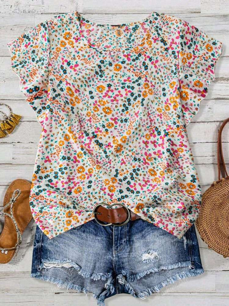 Women Ditsy Floral Round Neck Short Sleeve Blouse, Spring/Summer | SHEIN