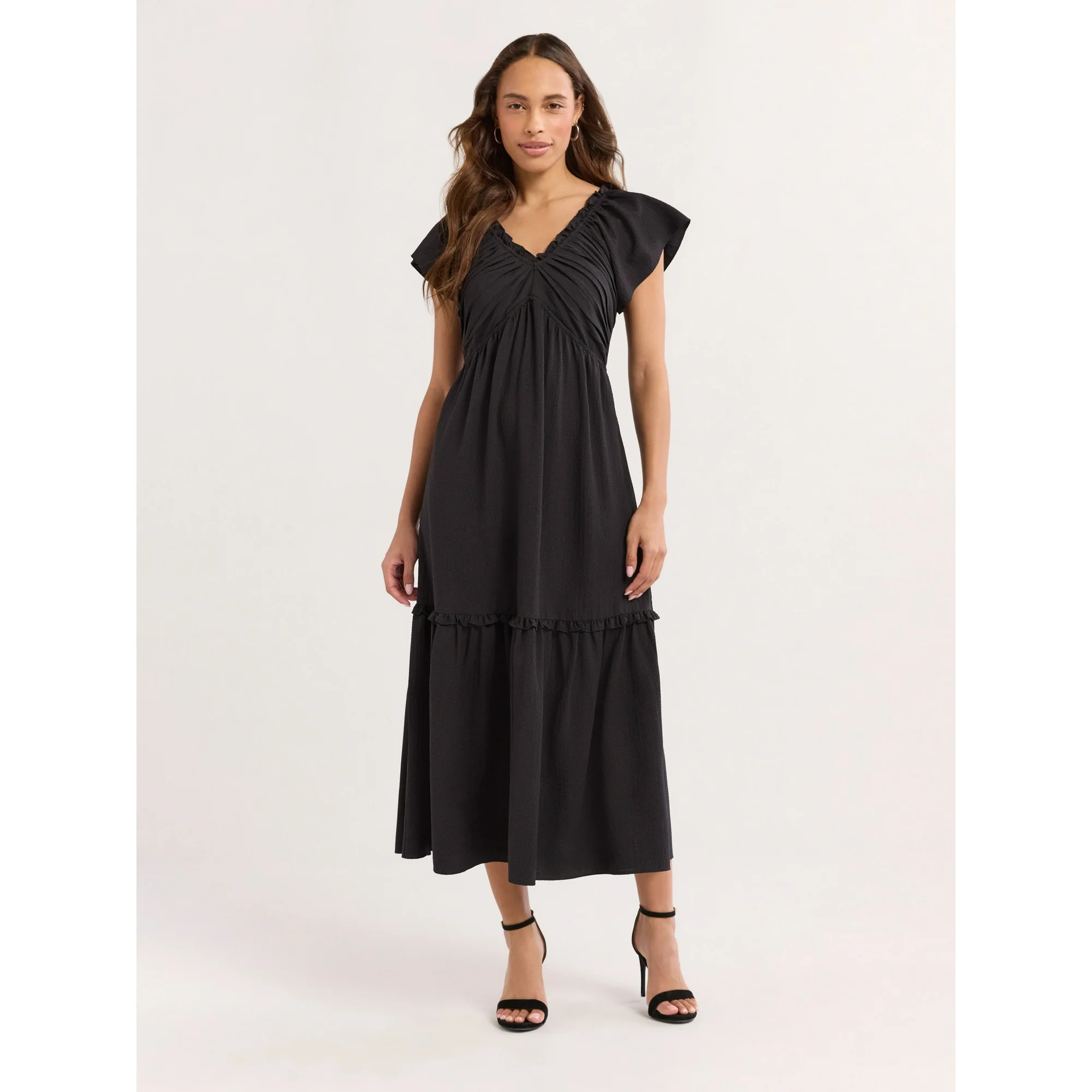 Sofia Jeans Women's and Women's Plus V Neck Dress with Flutter Sleeves, Below Calf Length, Sizes ... | Walmart (US)