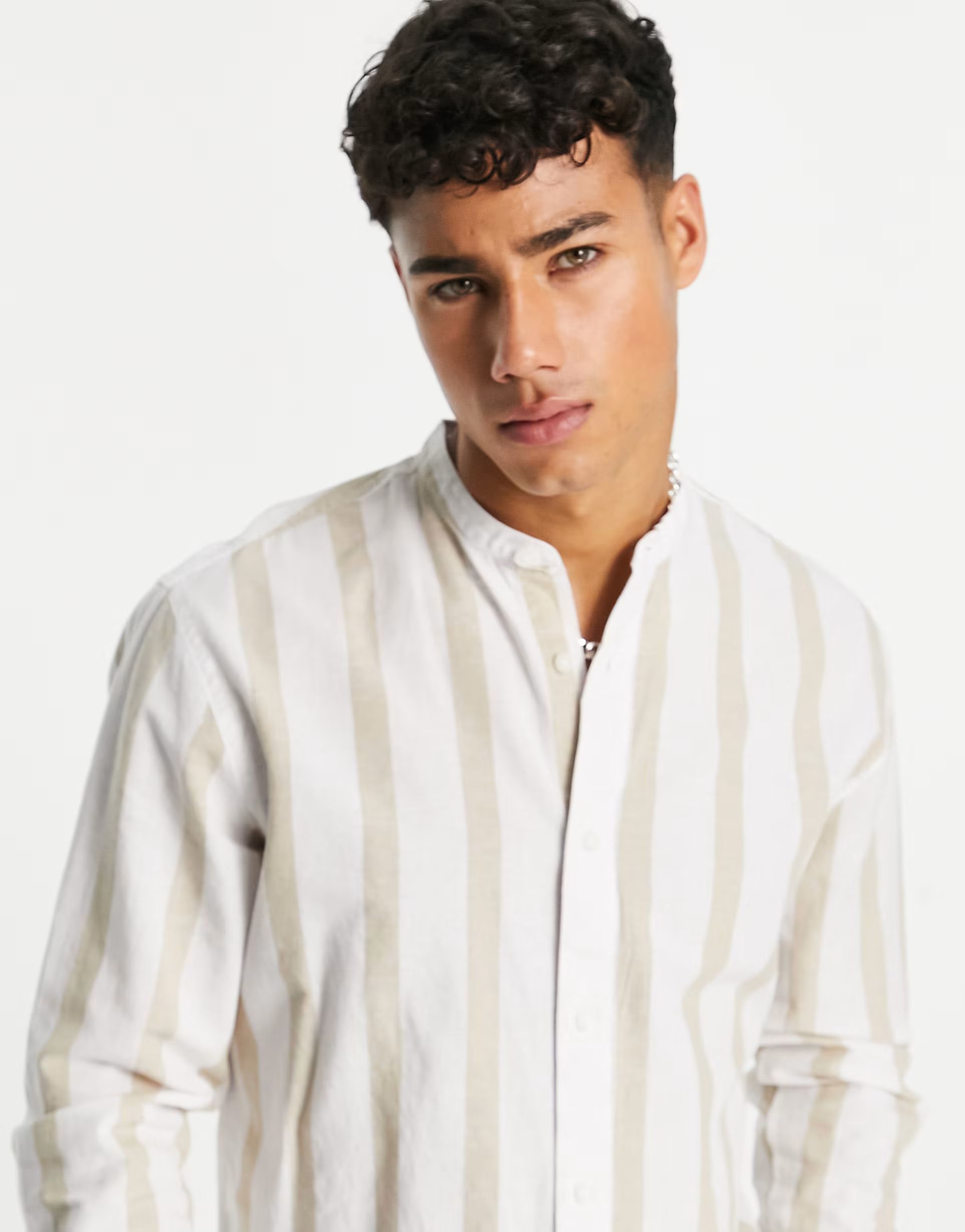 Selected Homme grandad collar linen mix shirt in beige stripe | ASOS (Global)