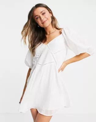 ASOS DESIGN smock mini dress with lace inserts in white | ASOS (Global)