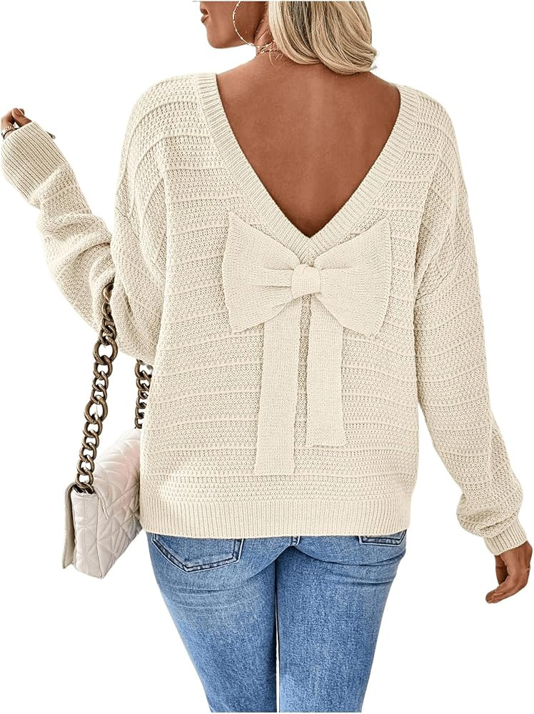 MakeMeChic Women's Bow Sweater Long Sleeve Crew Neck Knitted Chunky Fall Sweaters | Amazon (US)