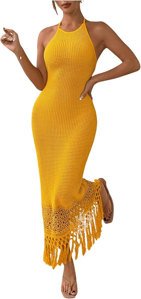 SOLY HUX Women's Summer Fringe Trim Halter Neck Bodycon Dress Crochet Sleeveless Maxi Dresses | Amazon (US)