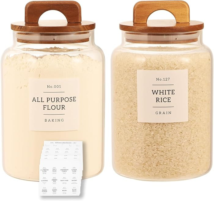 2 Pack Large Glass Flour and Sugar Containers with 132 Pantry Labels - 64 FL OZ Glass Canisters w... | Amazon (US)