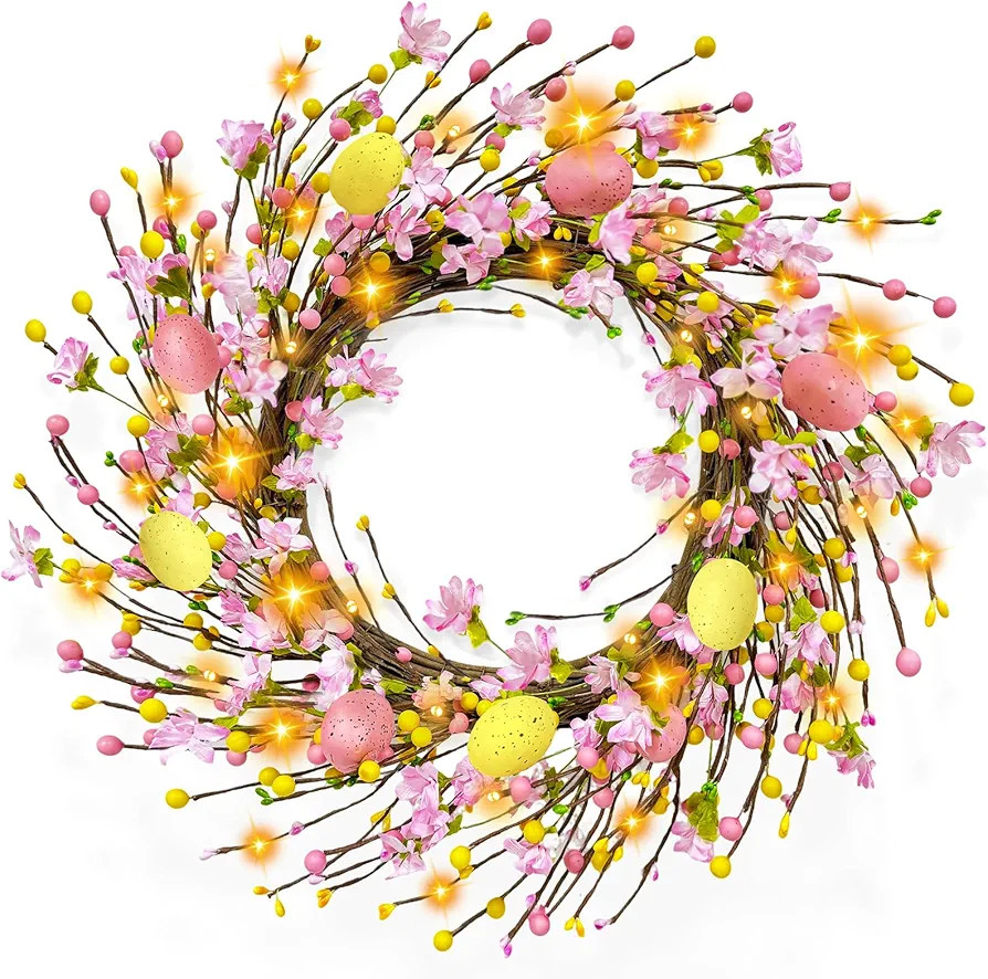 Timer - 20 Inch Easter Wreaths for Front Door with 20 Warm LED Lights Colorful Eggs, Battery Oper... | Amazon (US)