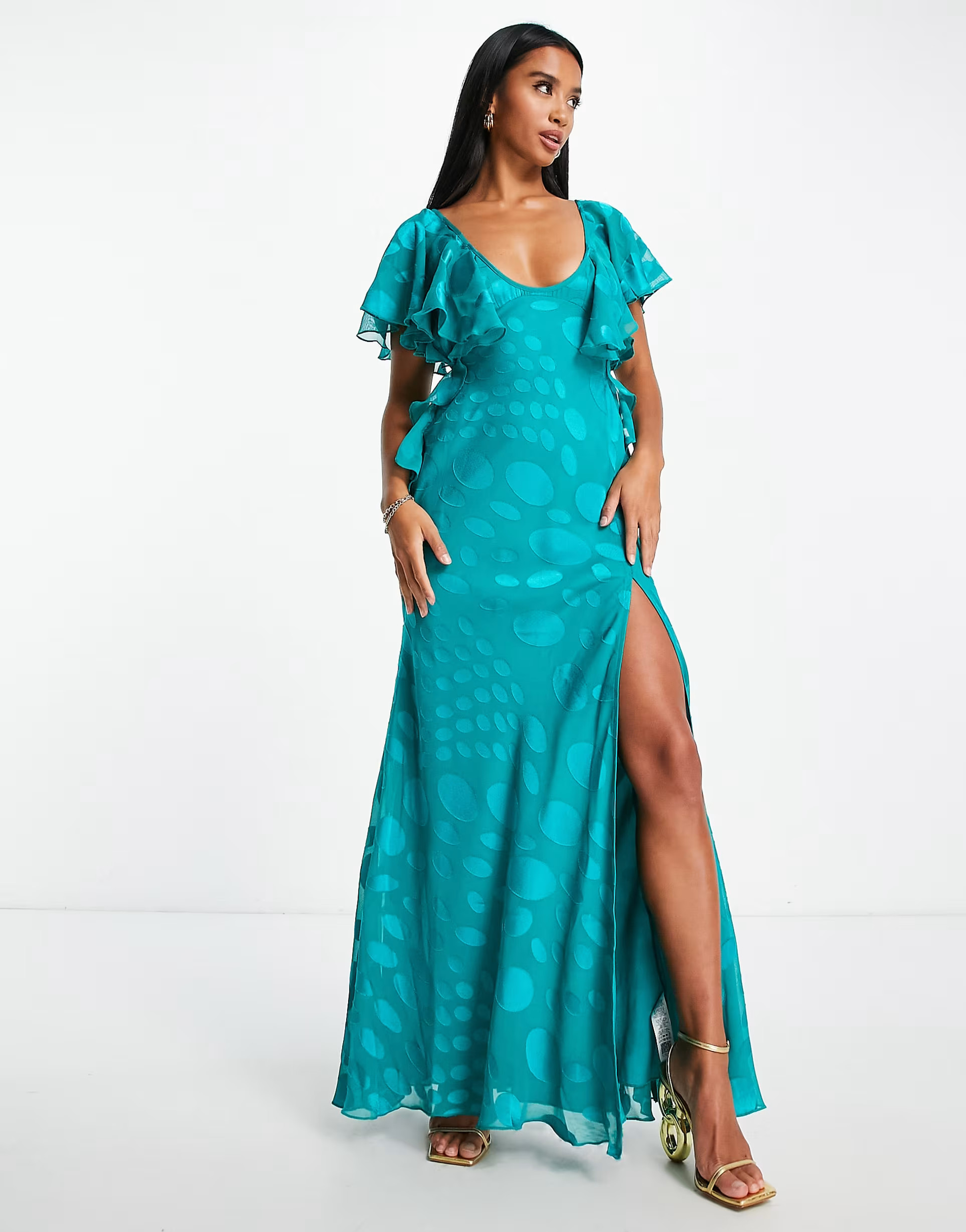ASOS DESIGN Petite satin spot flutter sleeve maxi dress with open back in deep aqua | ASOS (Global)