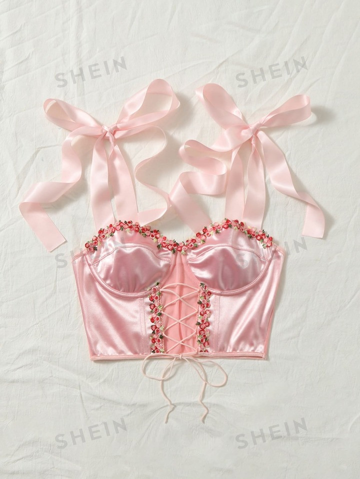 SHEIN MOD Applique Detail Lace Up Front Tie Shoulder Bustier Satin Cami Date Night Tops Pink Top | SHEIN