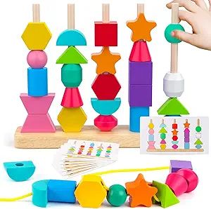 Montessori Wooden Beads Sequencing Toy Set, Stacking Blocks & Lacing Beads & Matching Shape Stack... | Amazon (US)
