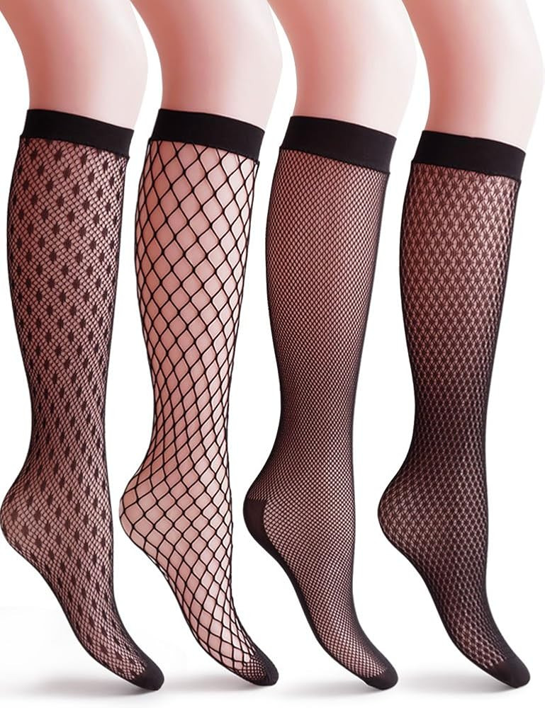 VERO MONTE 4 Pairs Women's Fishnet Knee High Socks - Stylish Black + Hollow Out | Amazon (US)