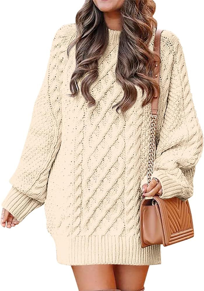 ANRABESS Women 2023 Fall Crewneck Long Sleeve Oversized Cable Knit Chunky Pullover Short Sweater Dre | Amazon (US)