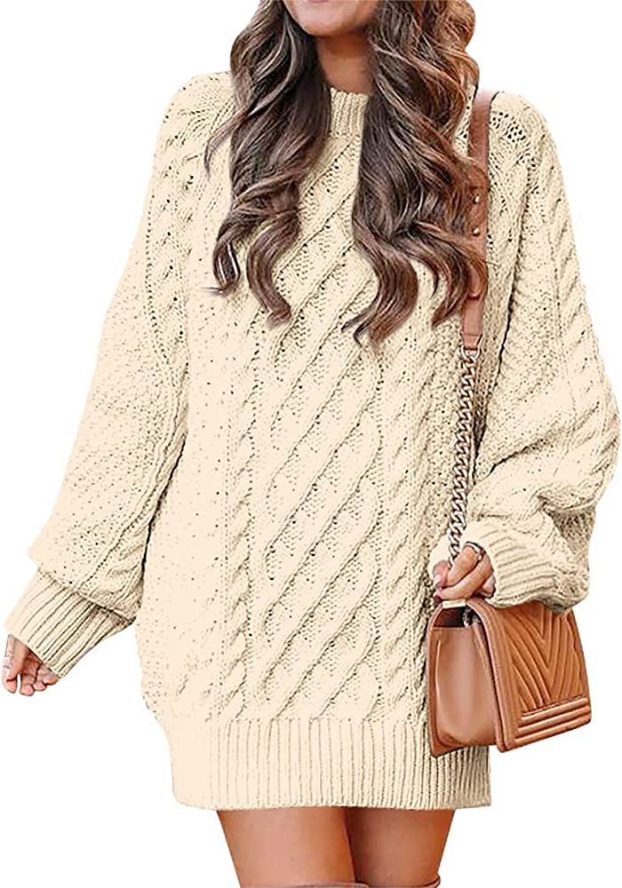 Women 2023 Fall Crewneck Long Sleeve Oversized Cable Knit Chunky Pullover Short Sweater Dresses  ... | Amazon (US)