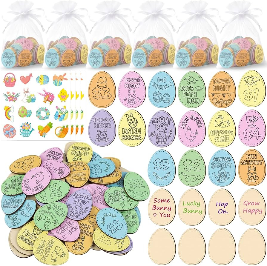 128PCS Easter Wooden Bunny Egg Tokens, Decorative Coins Basket Fillers Stuffers Party Favors Deco... | Amazon (US)