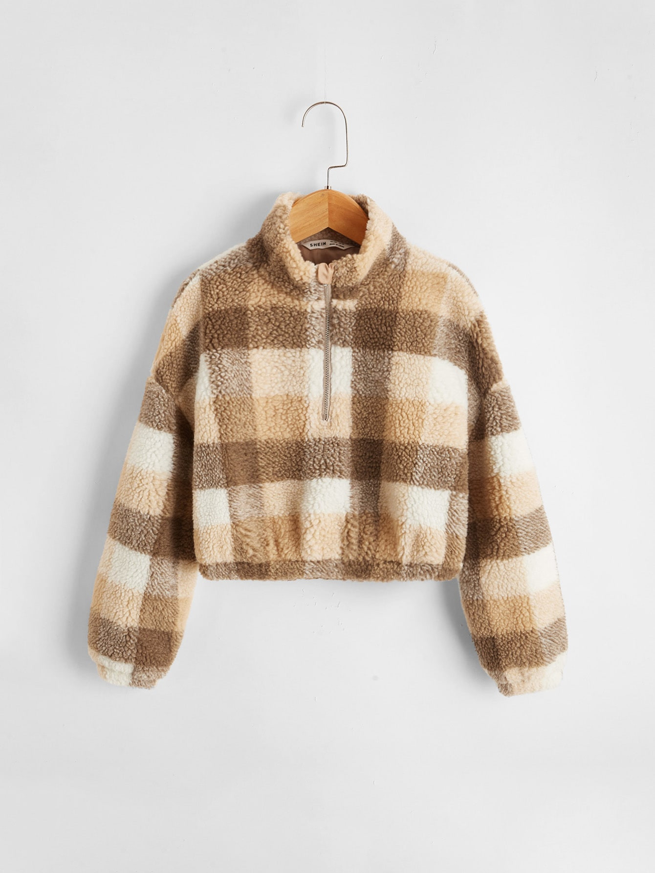 SHEIN Girls Plaid Drop Shoulder Zip Half Placket Sweatshirt | SHEIN