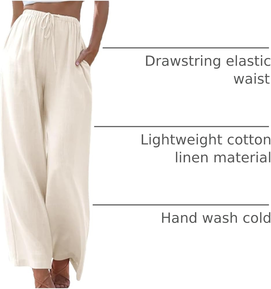 Duyang Womens Cotton Linen Palazzo Pants Drawstring Elastic Waist Casual Wide Leg Trousers with P... | Amazon (US)