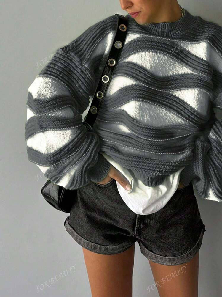 Autumn And Winter New Round Neck Wave Stripe Color Collision Long-Sleeved Knit Sweater Women Loos... | SHEIN