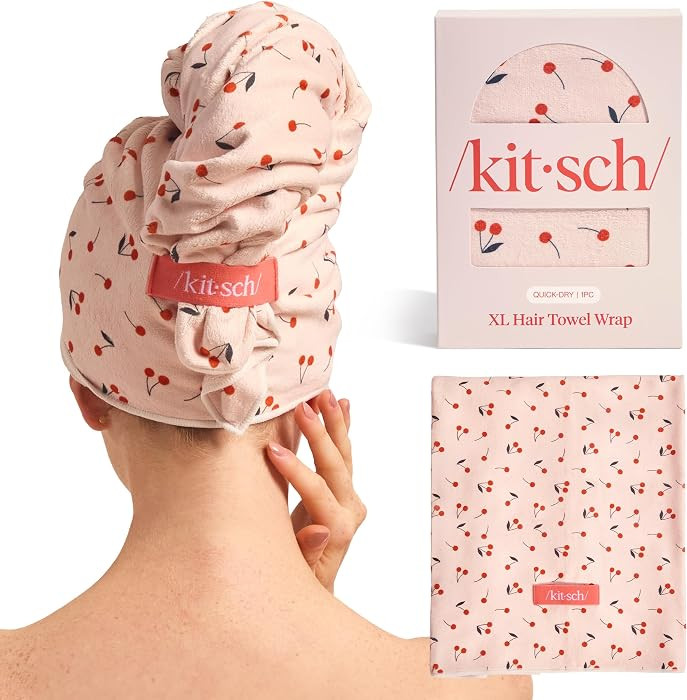 Kitsch XL Microfiber Hair Towel Wrap for Women - Cherry Print | Amazon (US)