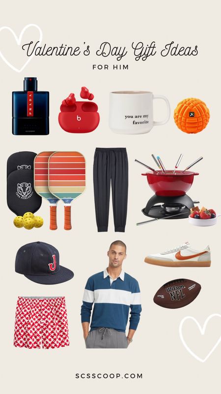 Valentines Day Gifts for Him 
Perfume, wireless ear buds, neutral valentines mug, massage ball, pickle ball kit, joggers, fondue set, initial hat, rugby polo, heart boxers, Nike sneakers, football 

Gift ideas for him

#LTKSeasonal #LTKmens #LTKGiftGuide