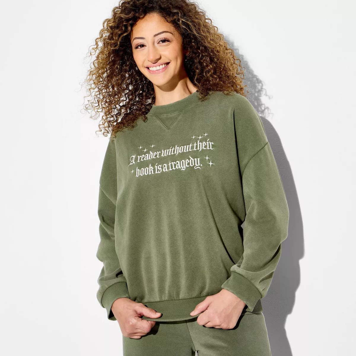 Women's Fourth Wing Reader Fleece Graphic Pullover Sweatshirt - Moss Green XXS | Target