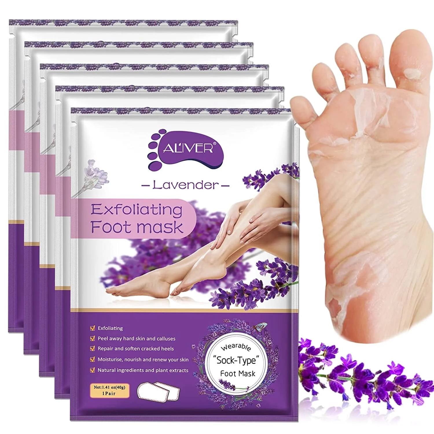 ALIVER Lavender Foot Peel Mask Baby Soft Foot Exfoliant Feet Peel Mask, 5 Pcs | Walmart (US)