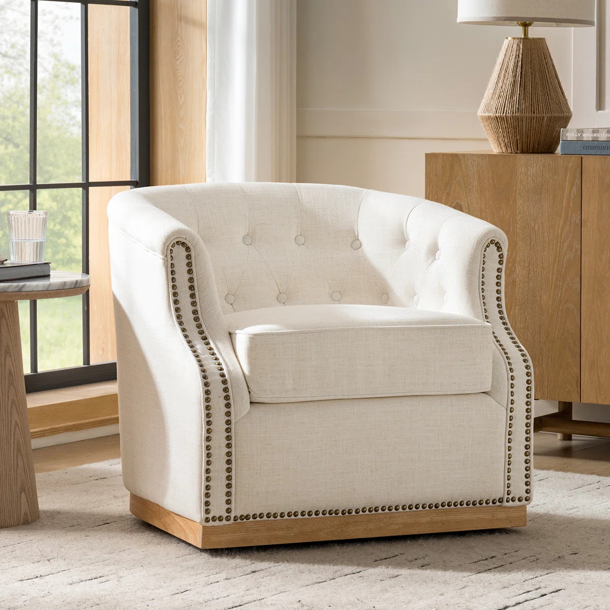 Nixmary Legend 31"W Farmhouse Upholstered Tufted Barrel Swivel Arm Chair with Fully Assembled | Wayfair North America