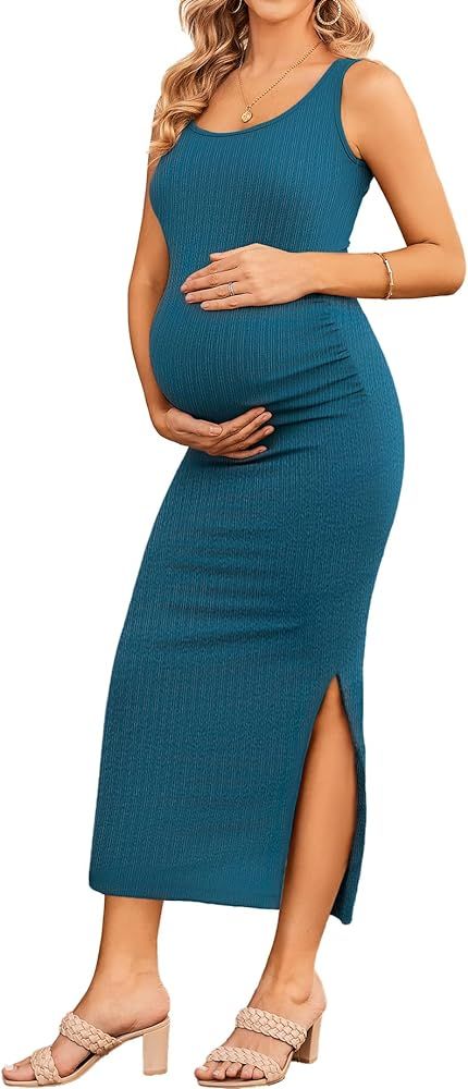 Ekouaer Women Sleeveless Tank Maternity Dress Ribbed Knit Pregnancy Midi Dresses Ruch Side Stretc... | Amazon (US)
