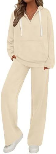 PRETTYGARDEN Womens 2 Piece Outfits Fall Sweatsuits Oversized V Neck Hoodie Wide Leg Sweatpants T... | Amazon (US)