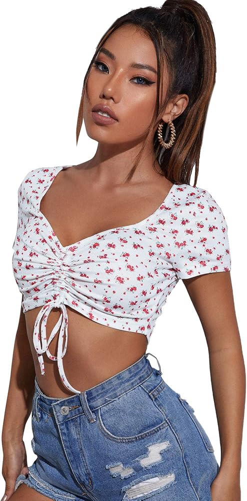 SweatyRocks Women's Drawstring Ruched Front Tee V Neck Short Sleeve Crop Top | Amazon (US)