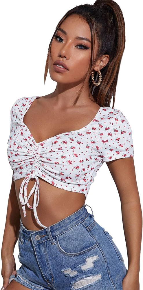 SweatyRocks Women's Drawstring Ruched Front Tee V Neck Short Sleeve Crop Top | Amazon (US)