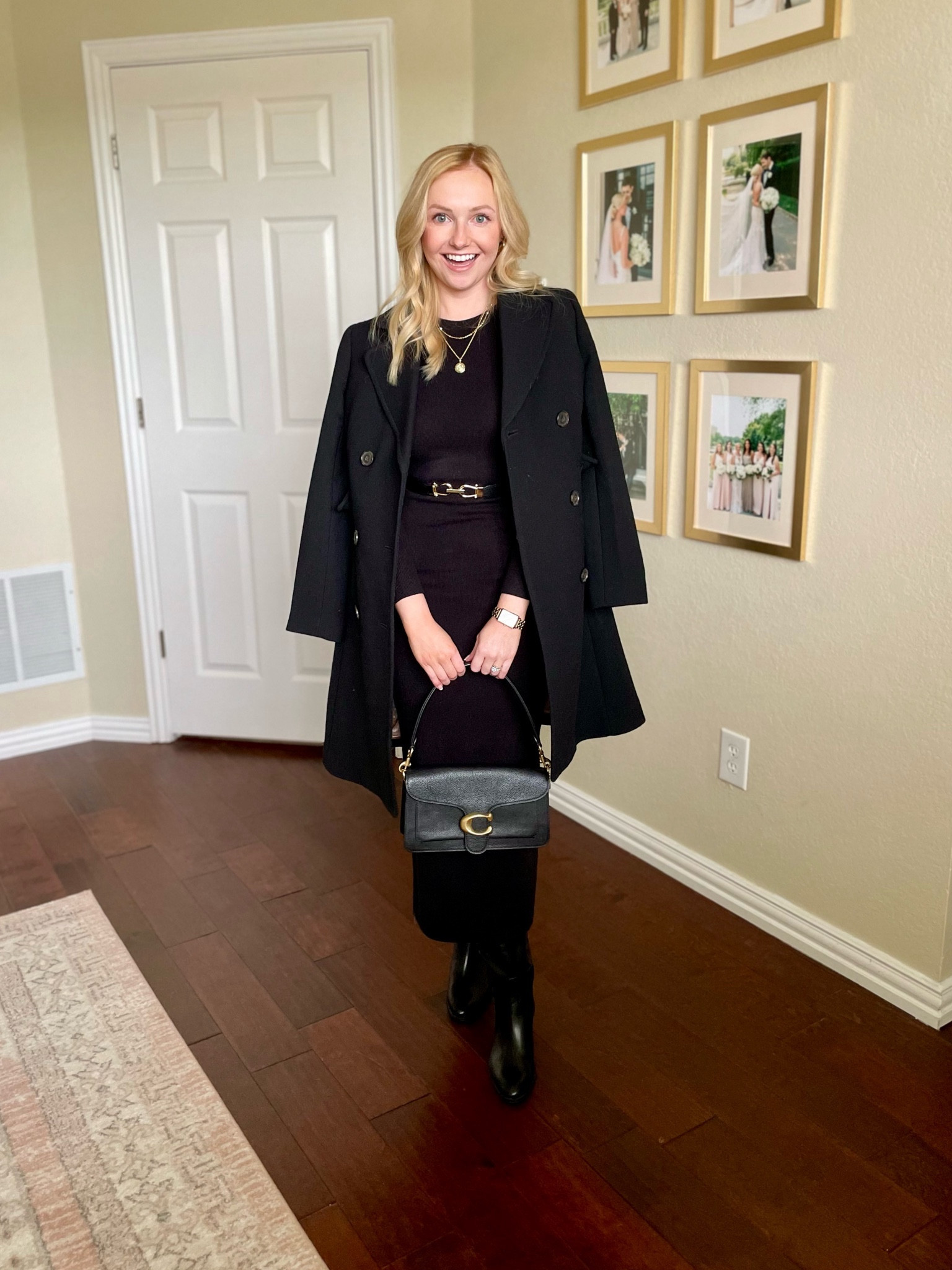 Exact dress and boots are old, but linked similar options! | winter outfit, black midi dress, black sweater dress, winter date night outfit, black coat, black boots 

#LTKstyletip #LTKSeasonal #LTKfindsunder100