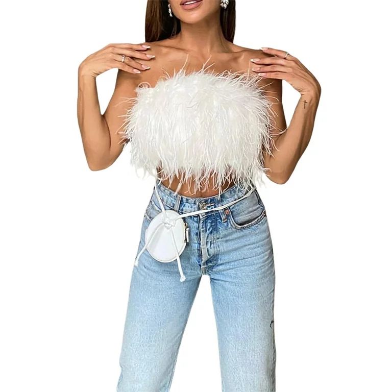 Women Sexy Faux Fur Tube Crop Top Solid Color Feather Strapless Backless Zip Up Tube Top Y2k Part... | Walmart (US)